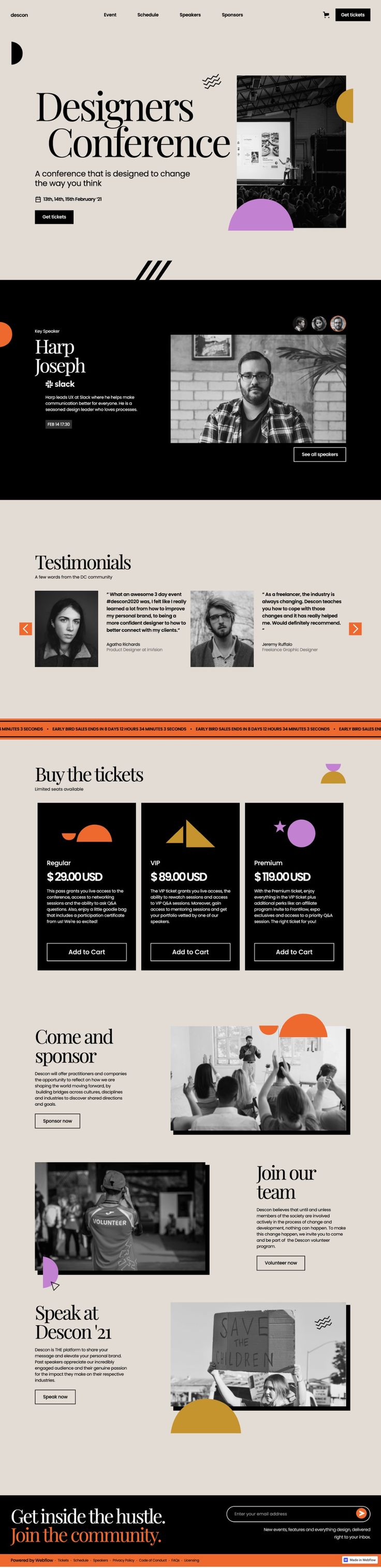 the website design for designers'conference is shown in black and orange colors, with an image