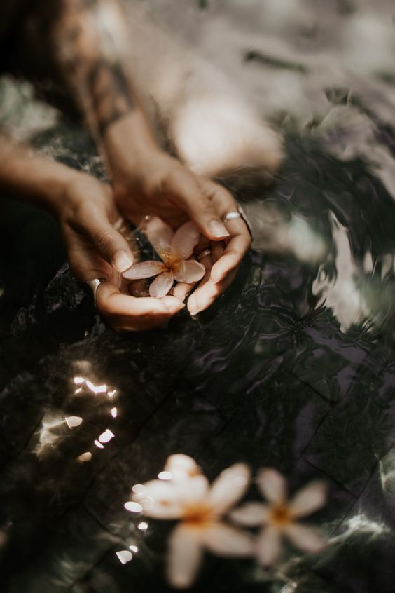 a person holding flowers in their hands with water reflecting on the ground behind them,