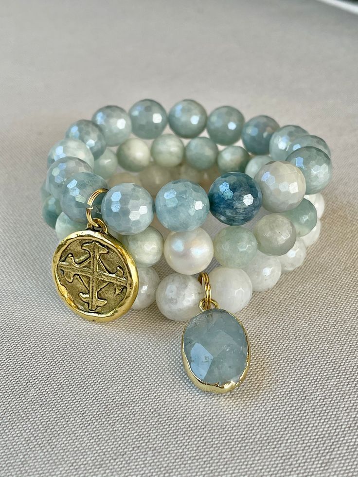 A beautiful set of three bracelets-one aquamarine with pearl focal, one moonstone with aquamarine pendant, and one mystic aquamarine with cross pendant. Aquamarine Pendant, Cross Pendant, Aquamarine, Moonstone, My Style, Pendant