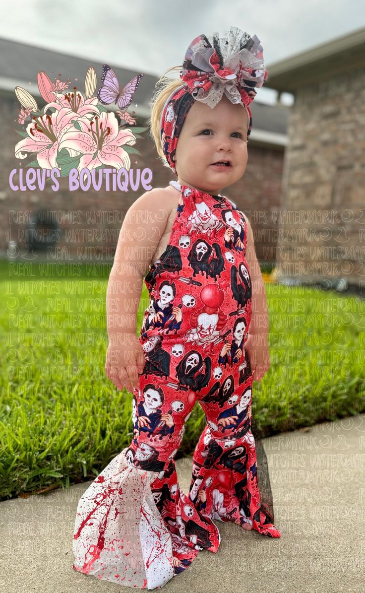 Halloween romper bundle with bells and coordinating bow handmade in Texas - I wanted to bring some fun Halloween prints that aren't really out there so enjoy and hope you love them! Most of the prints include mesh bottoms - the juice is loose is sparkle spandex adding a little jazz to the bells🥰 *Includes halter top bell's romper plus matching messy bow* Please refer to the sizing chart and if you have any questions feel free to message me!❤️ Follow Clev's Boutique on FB❣️ Toddler Morning Routine, Funny Maternity Photos, Country Baby Girl, Woman Costumes, Baby Clothes Country, Horror Collection, Newborn Tutu, Halloween Romper, Blood Splatter