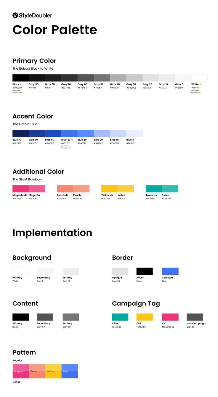 the color palette is shown with different colors and font options for each type of item