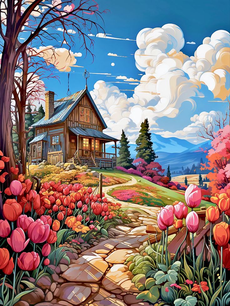 a painting of a house in the middle of flowers and trees with clouds above it