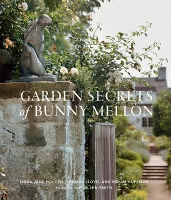 the garden secrets of bunny melon book cover shows a statue of a dog sitting on top of a stone wall