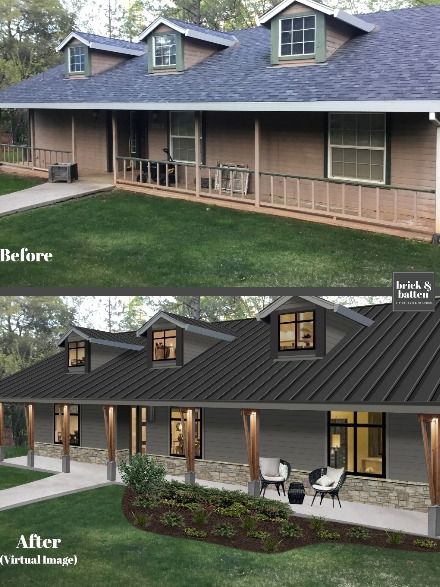 before and after pictures of a house with metal roof