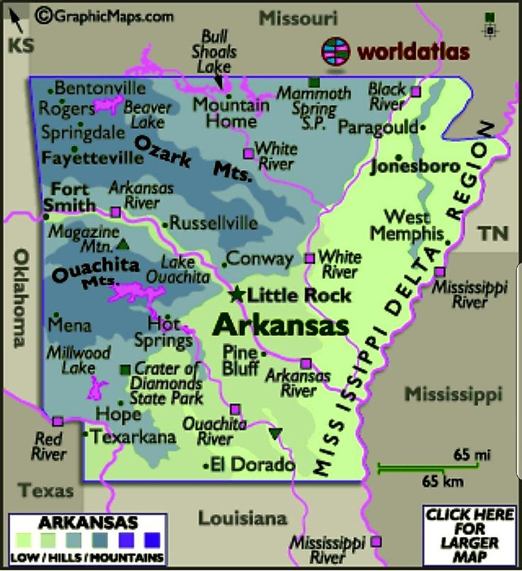 a map of the state of arkansas with major cities and rivers in it's center