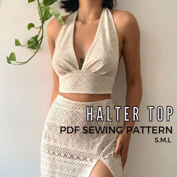 a woman wearing a white top and skirt with the words halter top sewing pattern on it