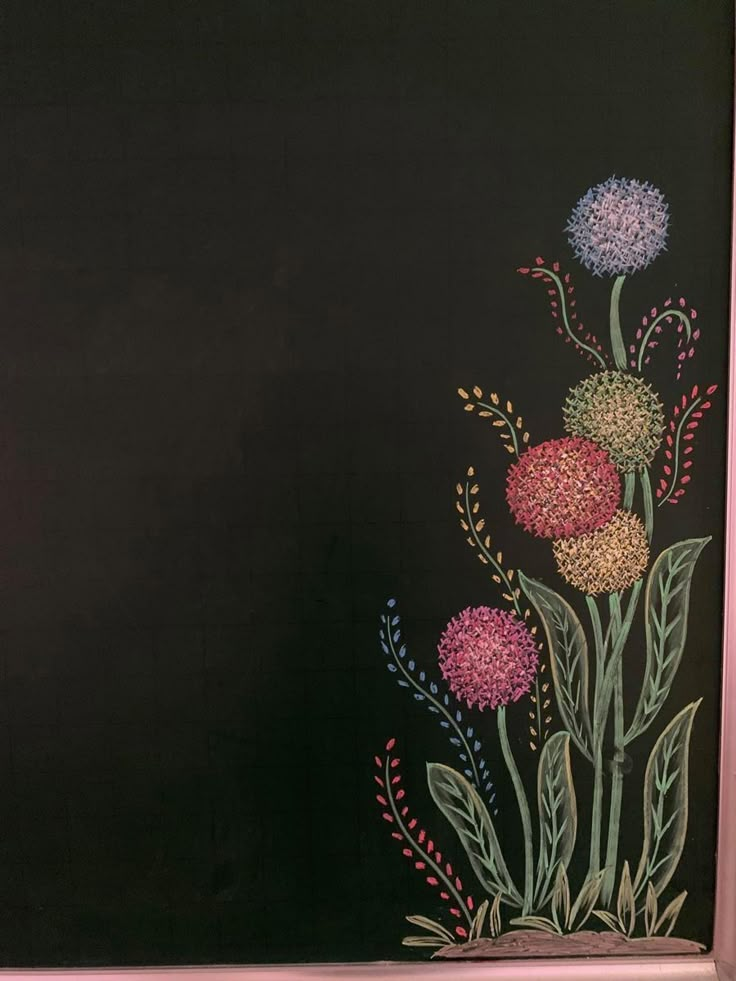 a painting of flowers on a black background with pink trim around the edges and green leaves