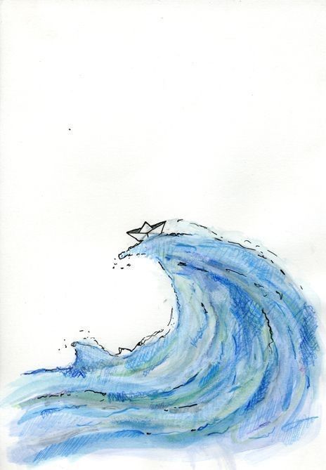 a drawing of a wave with an airplane flying over it