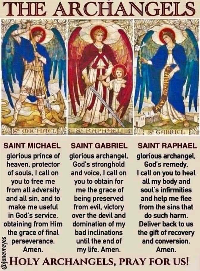 an old poster with three angels and the words saint michael, saint garbie, saint raphael