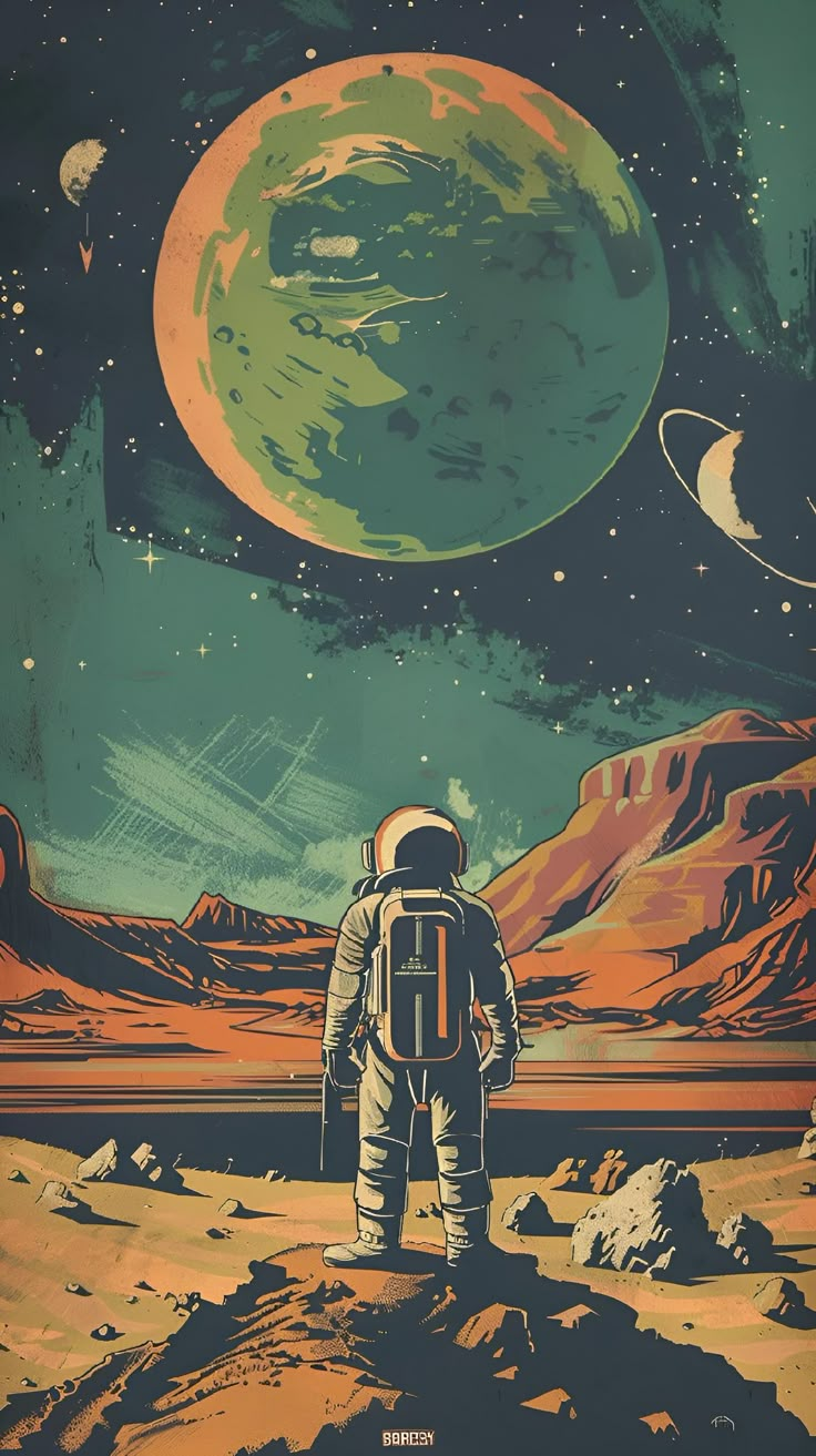 an astronaut standing on top of a desert under a green and orange sky with planets