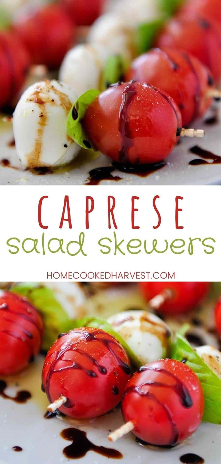 caprese salad skewers on a plate with sauce drizzled over them