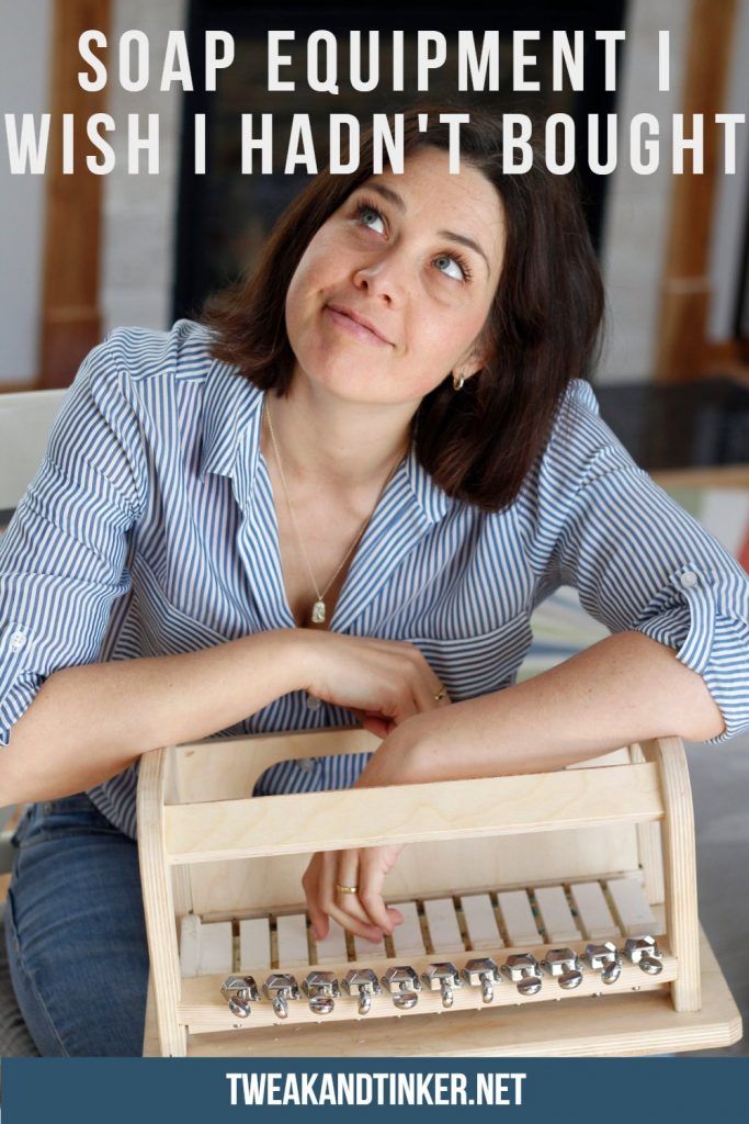 a woman sitting on a couch with an old fashioned machine in front of her and the words soap equipment i wish i had't bought