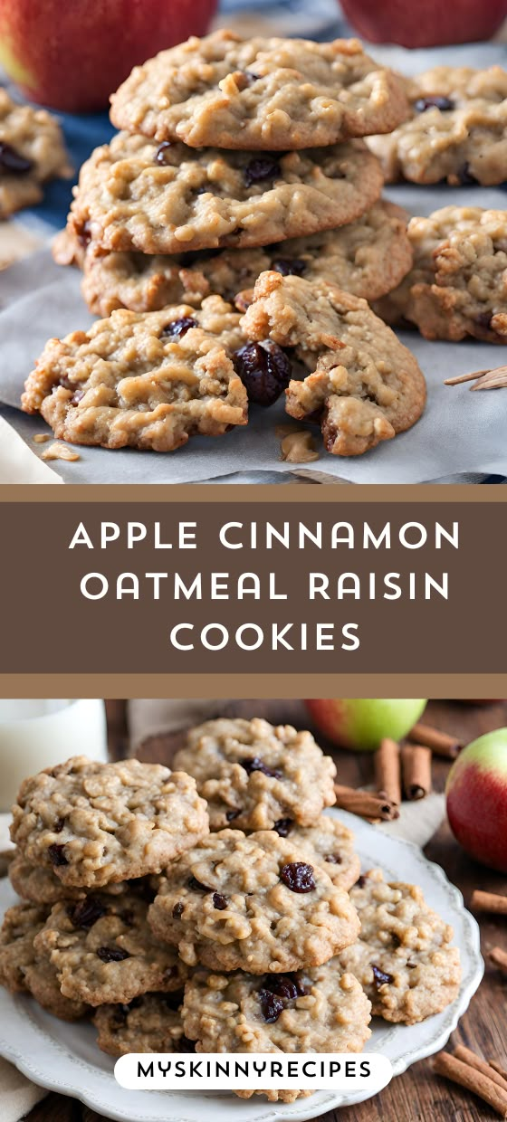 apple cinnamon oatmeal raisin cookies are stacked on top of each other