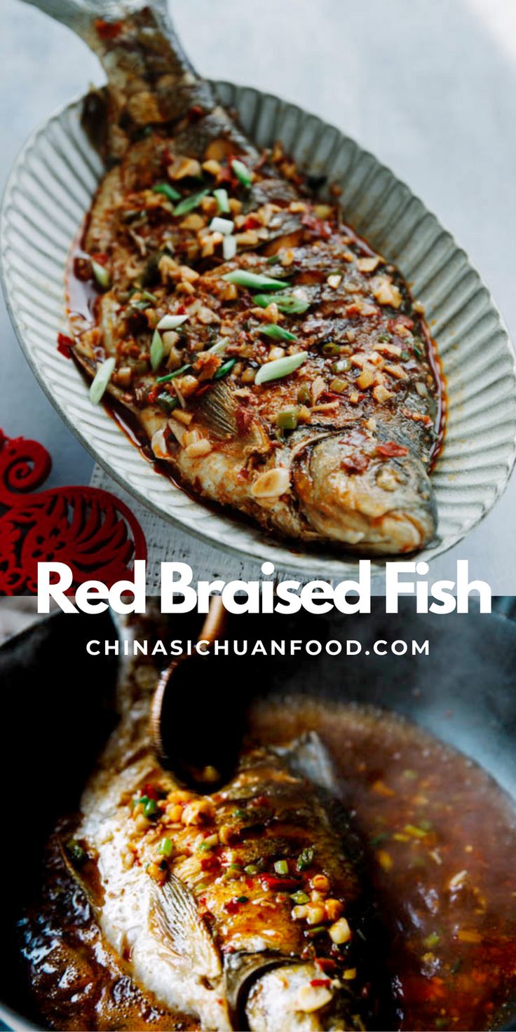 red braised fish with chili sauce in a pan