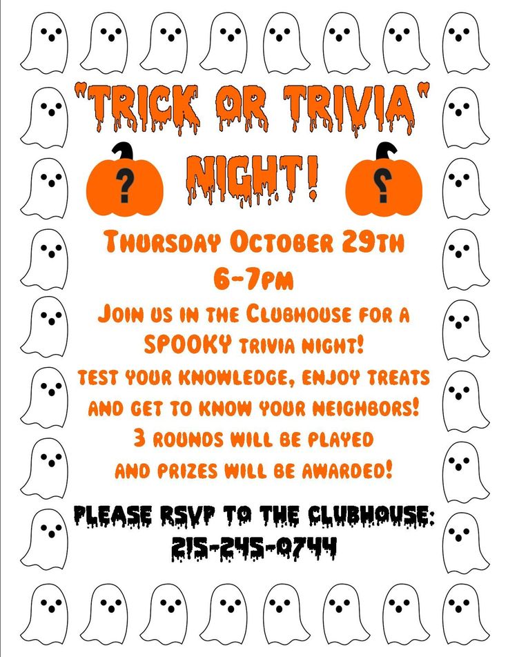 a halloween party flyer for trick or trivia night with ghost faces and pumpkins