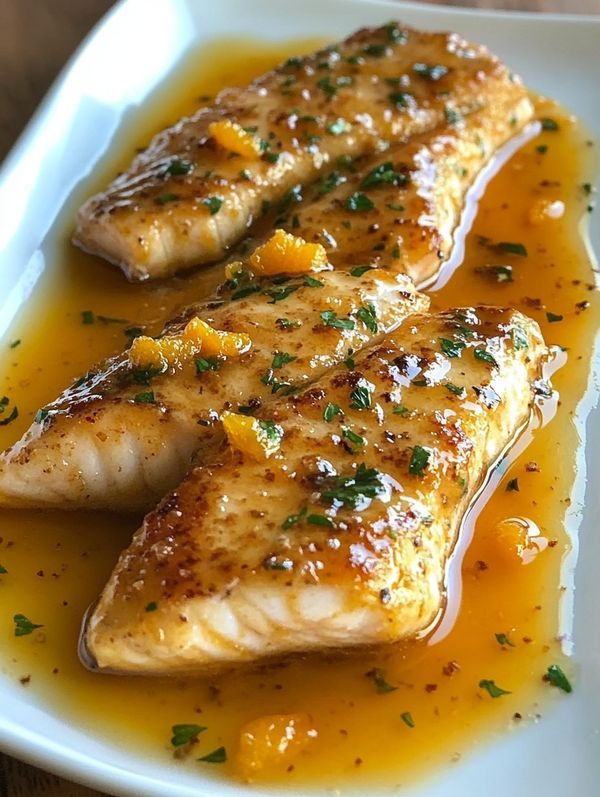 two pieces of fish on a white plate with sauce and parsley sprinkles