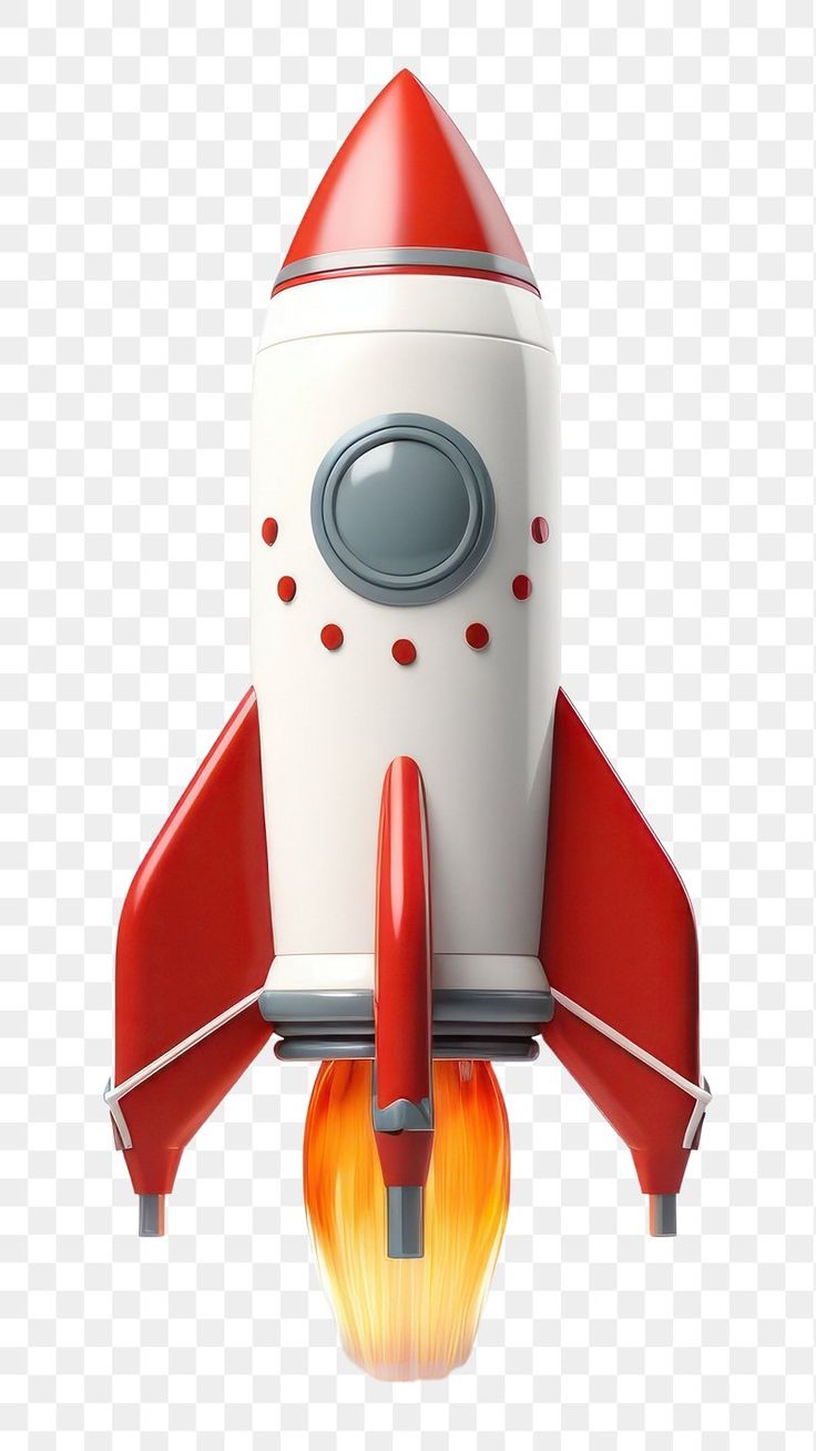 a red and white rocket ship flying through the air with its landing gear on fire