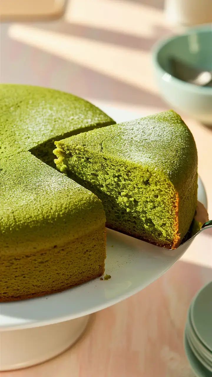 a green cake on a white plate with one slice cut out and ready to be eaten