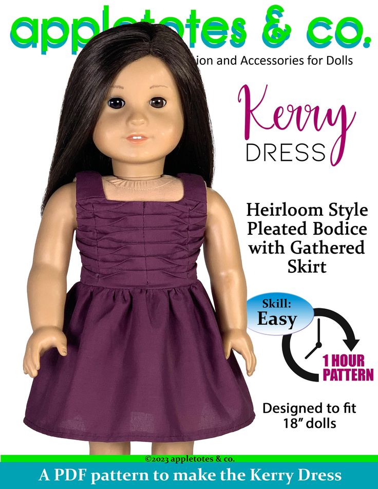 the doll is wearing a purple dress