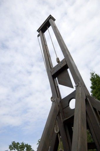 a tall wooden tower sitting next to a lush green forest under a cloudy blue sky