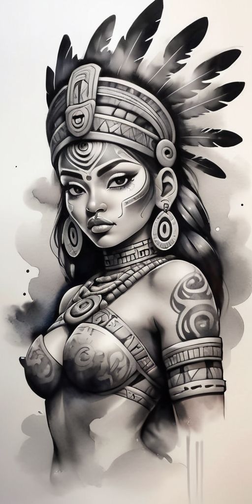 Mayan Woman Tattoo, Aztec Women Tattoo, Woman Warrior Tattoo Design, Conquistador Tattoo, Mayan Art Tattoo, Chicano Back Tattoo, Woman Warrior Tattoo, Warrior Tattoo Design, Aztec Warrior Tattoo