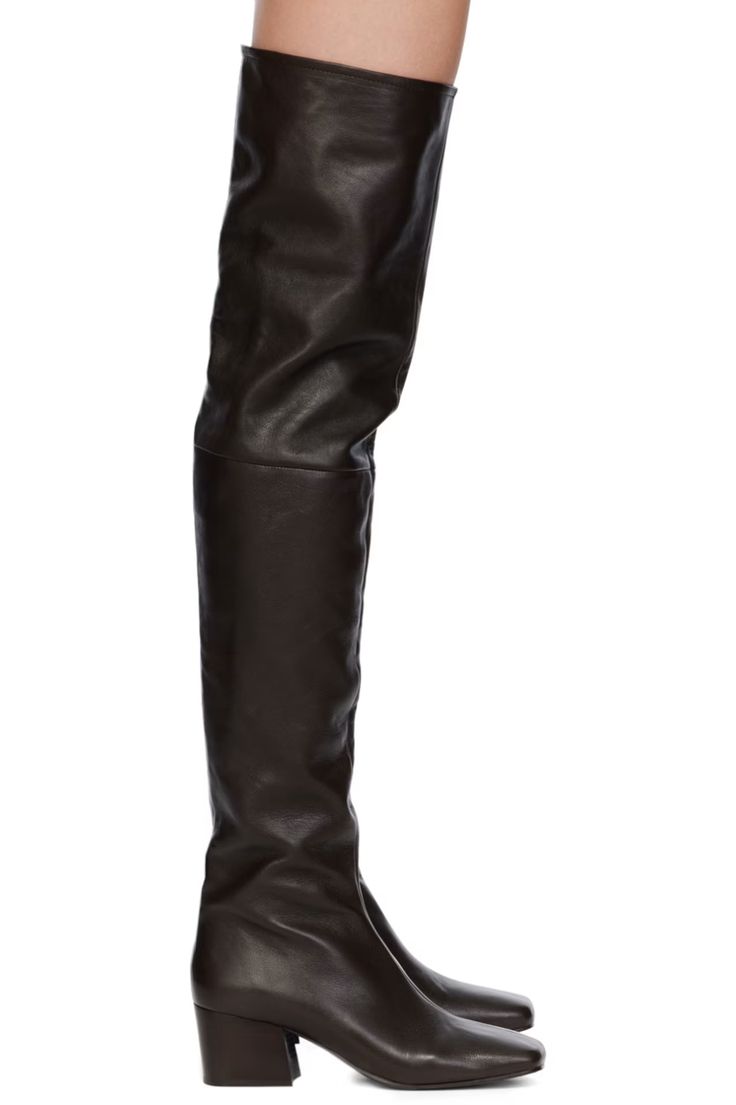 LEMAIRE: Brown Leather Boots | SSENSE Brown Knee-high Calf Leather Heeled Boots, Luxury Brown Knee-high Boots With Leather Lining, Brown Calf Leather Knee-high Boots With Leather Sole, Brown Calf Leather Knee-high Boots With Square Toe, Brown Square Toe Calf Leather Knee-high Boots, Brown Square Toe Knee-high Calf Leather Boots, Luxury Leather Knee-high Platform Boots, Luxury Boots In Textured Calf Leather, Luxury Textured Calf Leather Boots