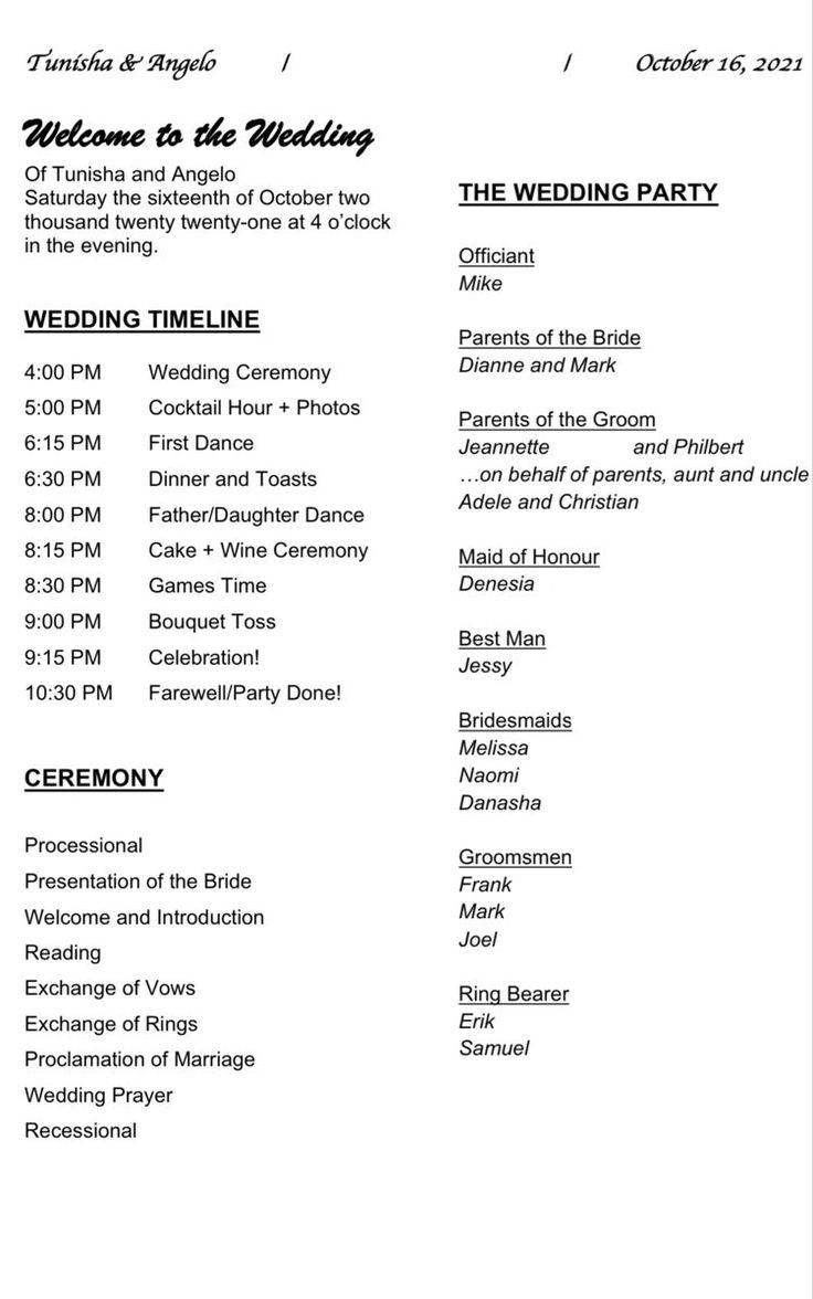 the wedding program is shown in black and white