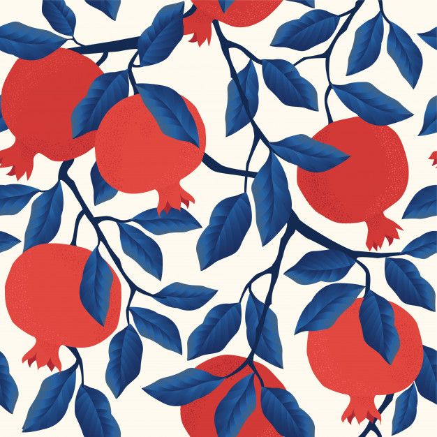 a pattern with pomegranates and blue leaves on a white background,