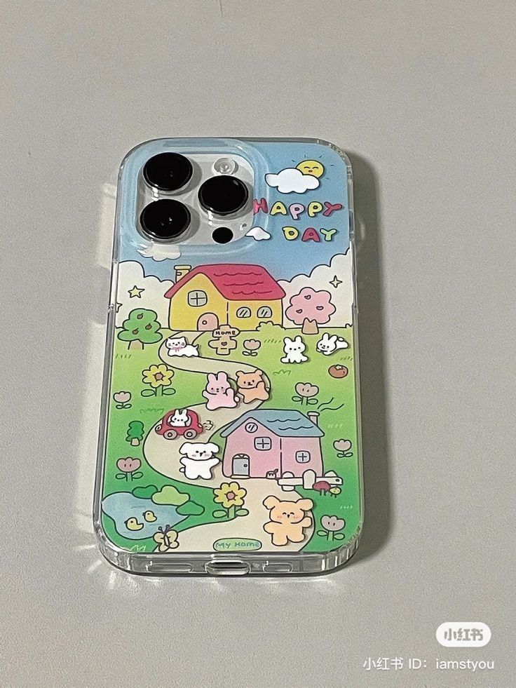 a cell phone case with an image of farm animals and houses on the back cover