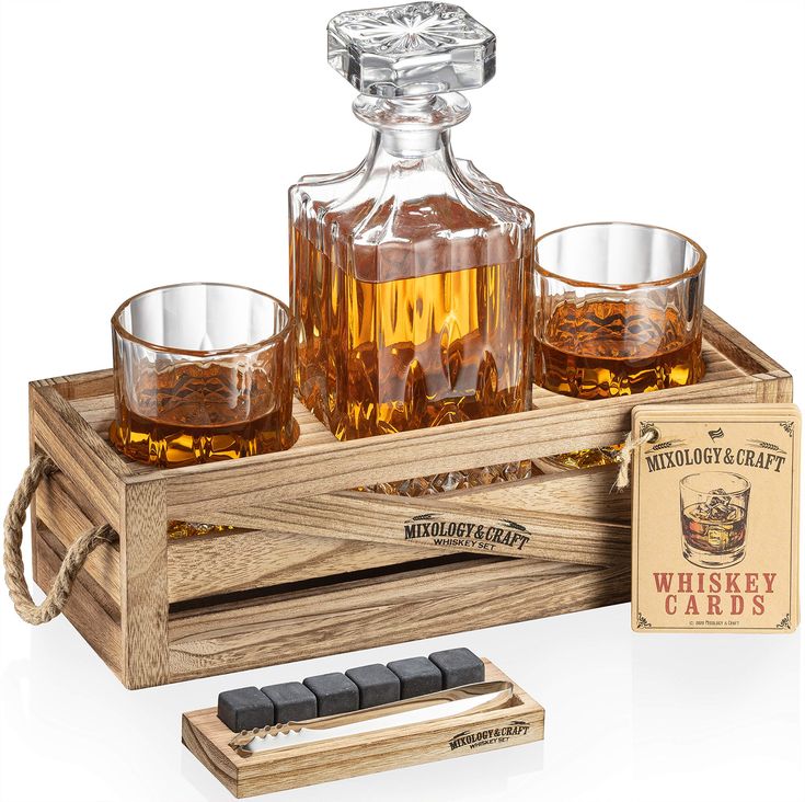 PRICES MAY VARY. 【PERFECT GIFT FOR STRONG WHISKEY FANS】- Everything a whiskey lover wants! This whiskey stones gift set contains 2 rocks glasses (10oz/300ml) + detailed whiskey decanter + rustic wood stand + 6 granite whiskey stones + whiskey stone storage tray + metal tongs + whiskey cocktail cards. Give a gift to your favorite man: father, brother, son, boyfriend, husband, or grandpa. Gift it on any occasion: Father's Day, Christmas, Valentine’s Day, birthday, graduation, wedding, anniversary, Cocktail Cards, Gift Set For Men, Liquor Gifts, Whisky Decanter, Whiskey Cocktail, Whiskey Set, Whiskey Decanter Set, Best Bourbons, Whiskey Stones