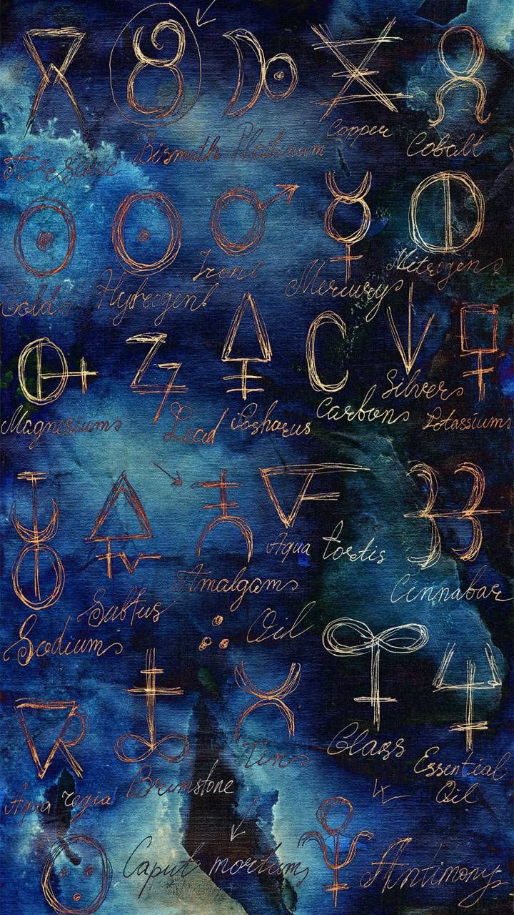 an abstract painting with various symbols and letters in blue, gold and white colors on a black background