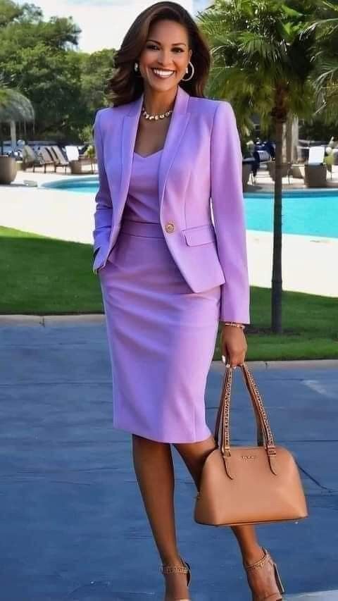 Luxury Semi-formal Skirt Suit, Luxury Purple Office Blazer, Spring Semi-formal Skirt Suit With Notch Lapel, Semi-formal Single Breasted Office Lady Skirt Suit, Luxury Semi-formal Office Lady Skirt Suit, Women Office Outfits, Ankara Dress Designs, Beyonce Outfits, Business Suits