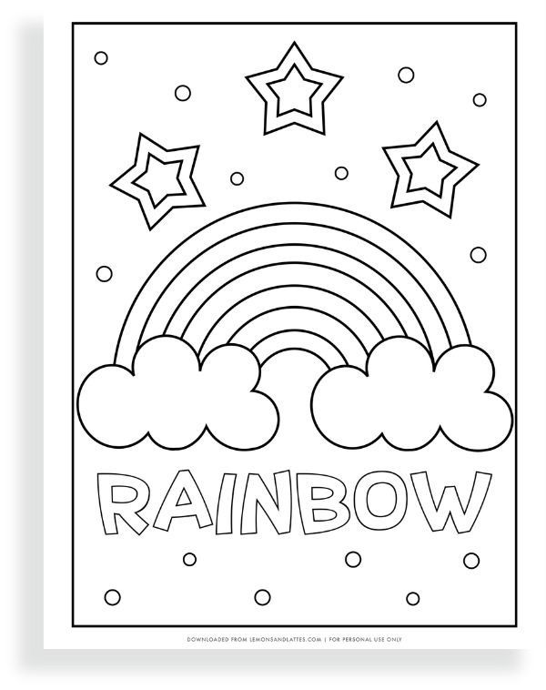 a rainbow coloring page with stars and clouds in the sky above it, which says rainbow