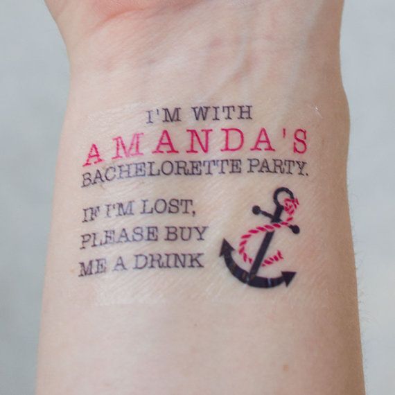 a person with a tattoo on their wrist that says i'm with amanda's bachelor party