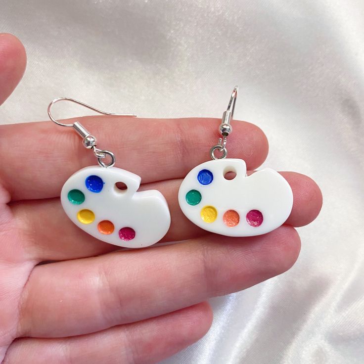 These cute paint palette earrings are made using nickel free and hypoallergenic earring hooks! Paint Palette Earrings, Novelty Multicolor Earrings With Ear Wire, Artistic White Resin Earrings, Fun Nickel-free White Earrings, Fun White Nickel-free Earrings, Fun Nickel-free White Jewelry, Artsy White Resin Earrings, Hand Painted White Resin Earrings, Artistic White Nickel-free Earrings