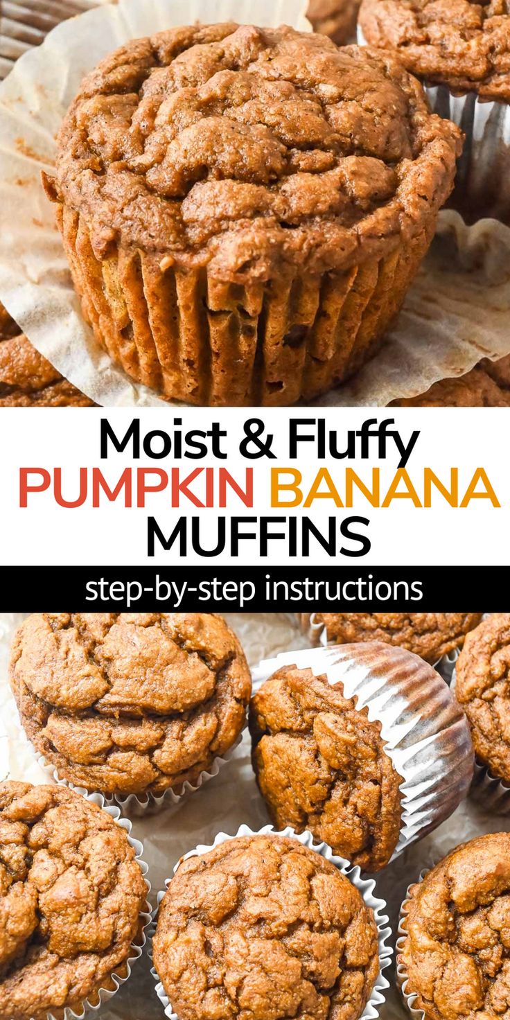 muffins are stacked on top of each other with the words, most & fluffy pumpkin banana muffins