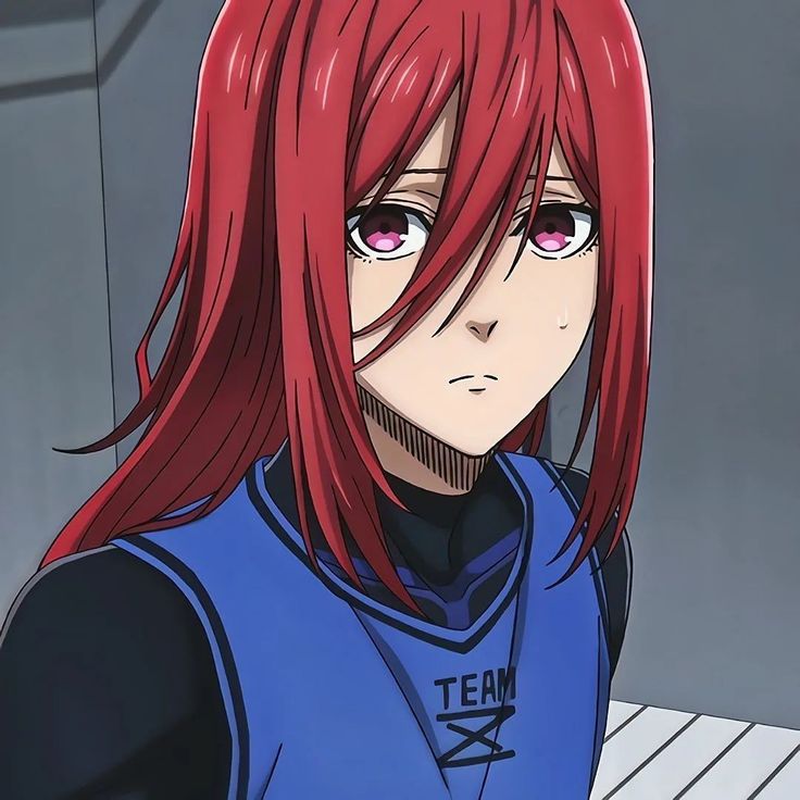 an anime character with red hair and pink eyes looks at the camera while standing in front of a wall