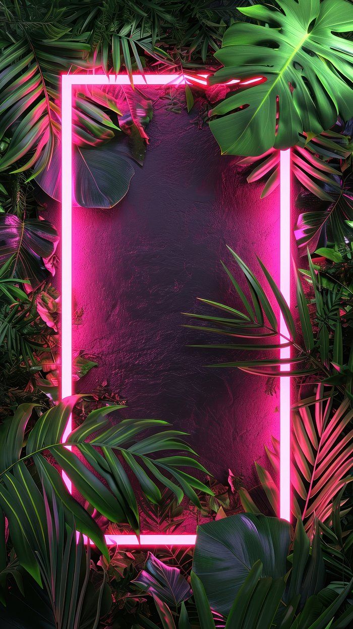 a pink neon frame surrounded by tropical leaves