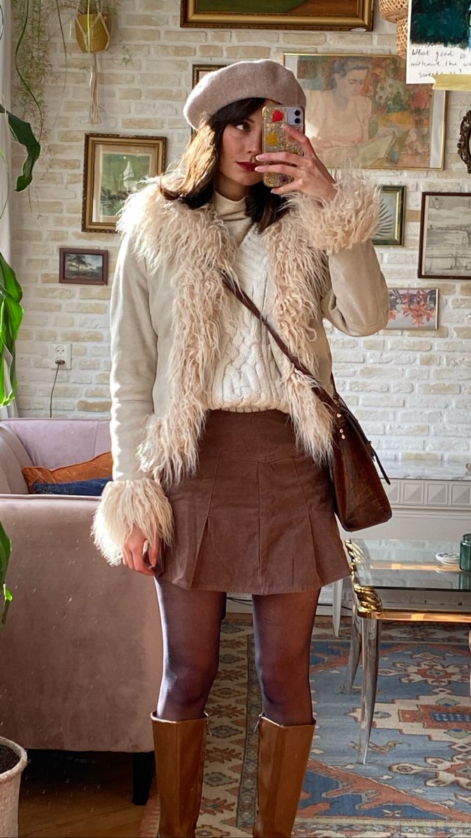 Autumn 70s Fashion, Vintage Fur Jacket Outfit, 60s Coat Outfit, 70s Courdoroy Outfit, 70s Fur Jacket, 70s Aesthetic Winter, Penny Lane Fashion, 70s Winter Style, 70s Brown Boots Outfit