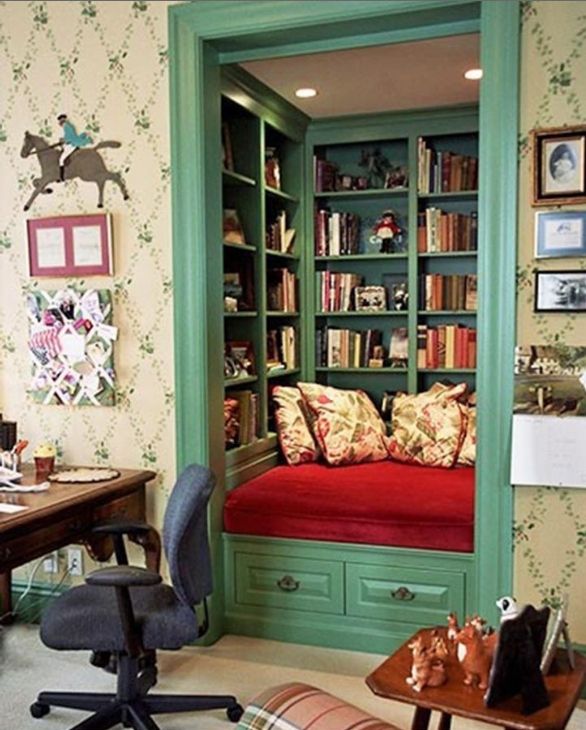 a room with a bookcase and desk in it that says, close transformed into a book nook