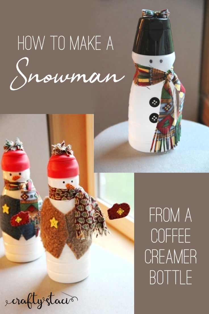 two snowmen made out of coffee creamer bottles