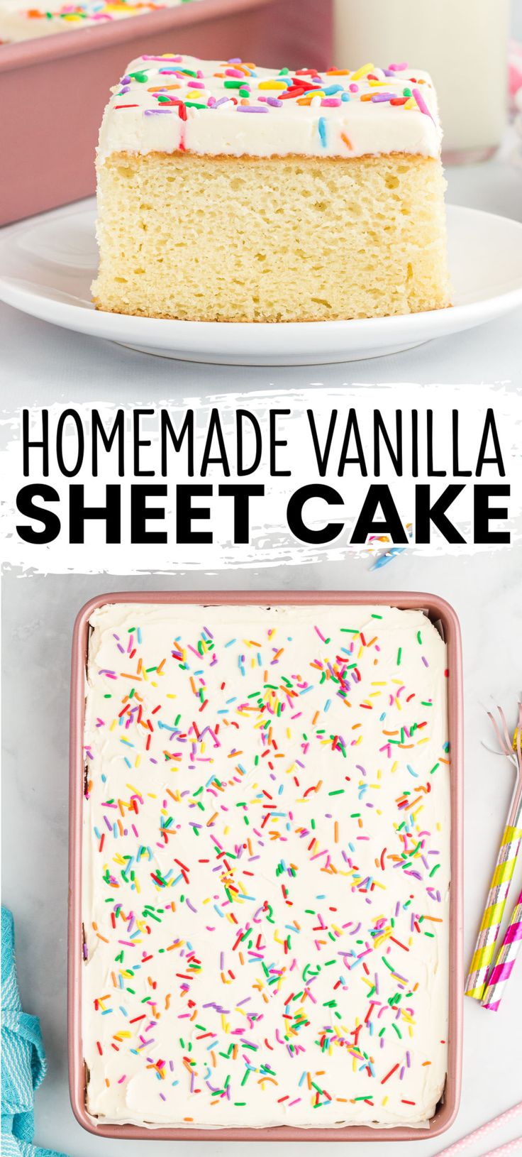 homemade vanilla sheet cake with sprinkles on top and in the background, there is a plate that has a slice missing