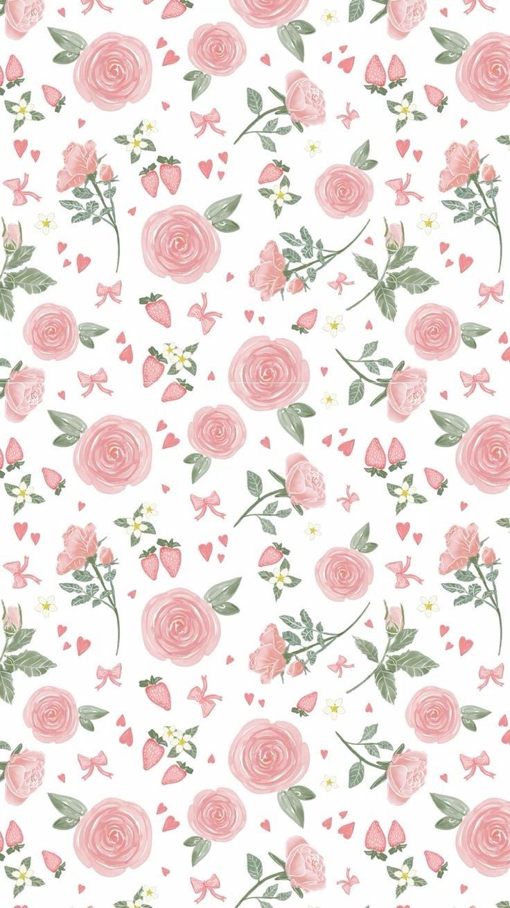 pink roses with green leaves and hearts on a white background seamless wallpaper photo