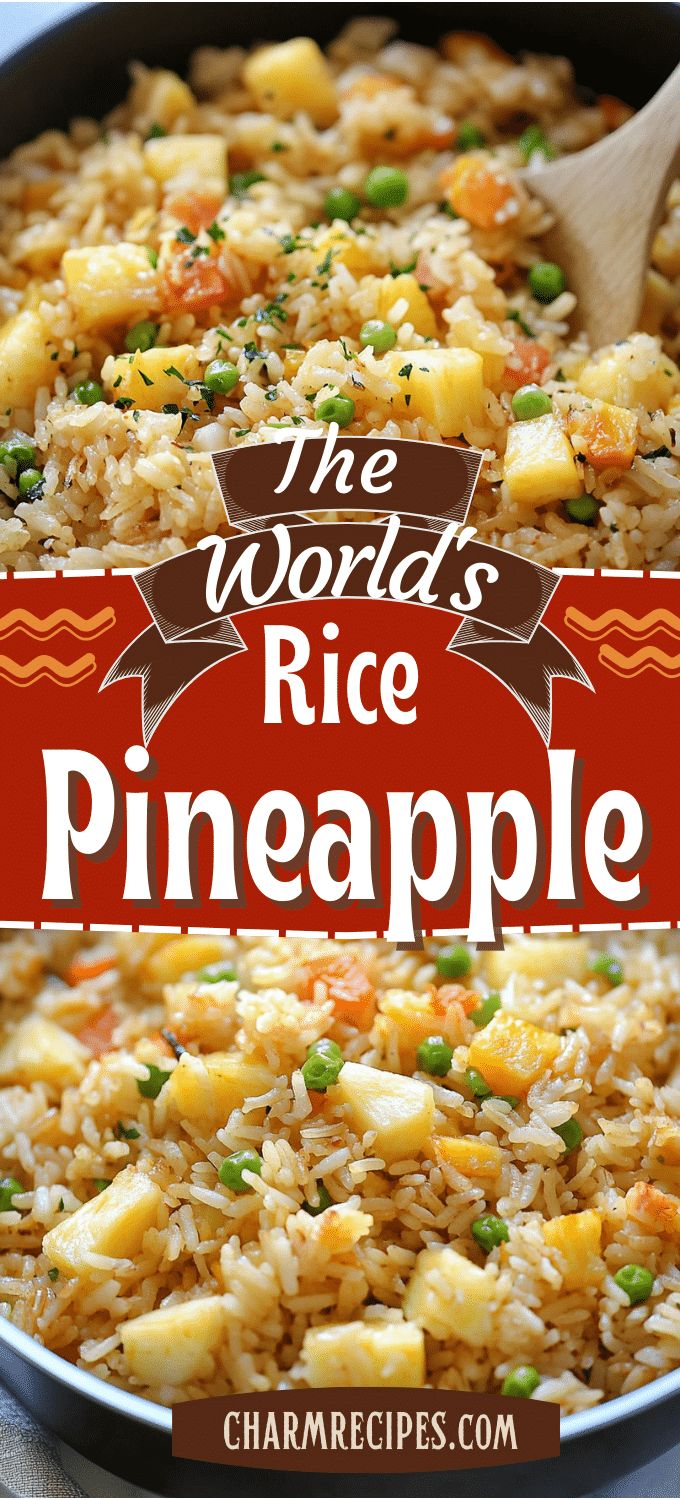 the words rice pineapple are in front of an image of a pan filled with food