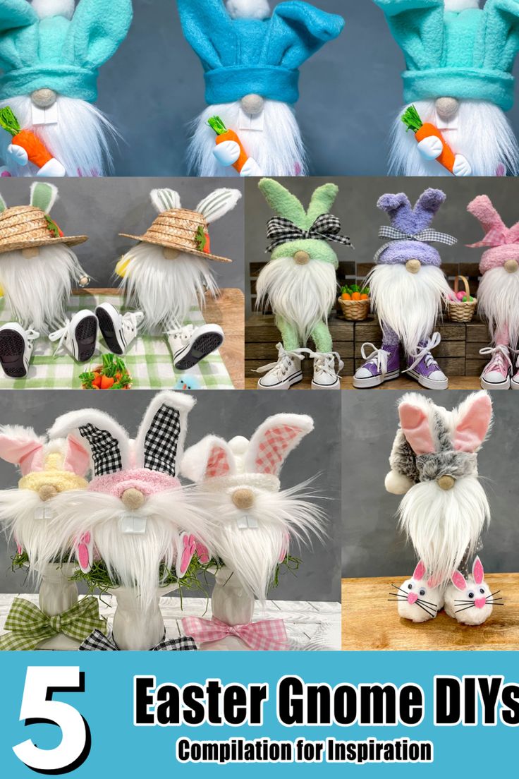 easter gnome diy's are featured in this collage with text overlay that reads, 5 easter gnome diys compilation for inspiration