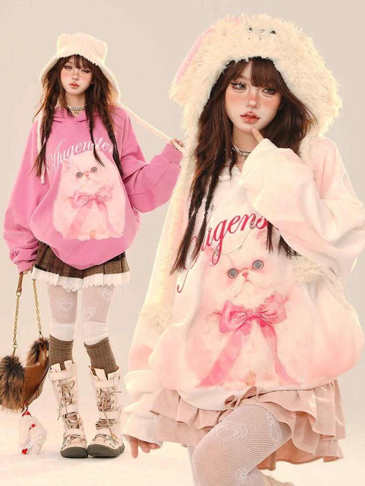 Step into the world of kawaii fashion with our adorable Kitty Bow Hoodie! This charming piece features a cute kitty adorned with a delicate bow, surrounded by playful letter patterns. Crafted for comfort and style, this hoodie is perfect for adding a touch of whimsy to your everyday look.Embrace your inner kawaii with this irresistible addition to your wardrobe!  Please note, the price includes only one hoodie.   	 		 			Size 			S 			M 			L 		 		 			Length 			68 			70 			74 		 		 			Shoulders Pink Kawaii Hoodie Sweatshirt, Pink Cotton Harajuku Style Hoodie, Pink Harajuku Style Cotton Hoodie, Pink Harajuku Cotton Hoodie, Spring Harajuku Sweatshirt With Cartoon Print, Kawaii Long Sleeve Hoodie With Cat Design, Pink Harajuku Crew Neck Hoodie, Spring Harajuku Hoodie With Cartoon Print, Spring Kawaii Cartoon Print Sweatshirt