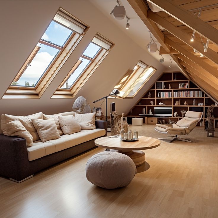 an attic living room with wooden floors and skylights above the couch, coffee table, bookshelf