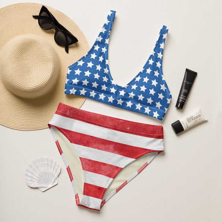 It's so easy to fall in love with this one of a kind sustainable "Retro Red, White, & Blue" high waisted bikini set. Enjoy the smooth fabric and the flattering design, and show it off at the beach or by the pool! Removable pads and its double-layer make it comfy to wear all day by the pool or beach. It's made from soft recycled polyester with double-layering and UPF 50+. * Soft and stretchy material with UPF 50+ * Sizes up to 6XL * Bikini top comes with removable padding for comfort * Multiple w Nautical Swimwear For Beach Season, Nautical Swimwear For Beach Season And Poolside, Nautical Swimwear For Poolside And Beach Season, Nautical Swimwear For Poolside Summer, Nautical Style Swimwear For Poolside Summer, Nautical Swimwear For Poolside And Summer, Nautical Swimwear For Poolside In Summer, 4th Of July Triangle Top Swimwear For Pool, 4th Of July Triangle Top Swimwear