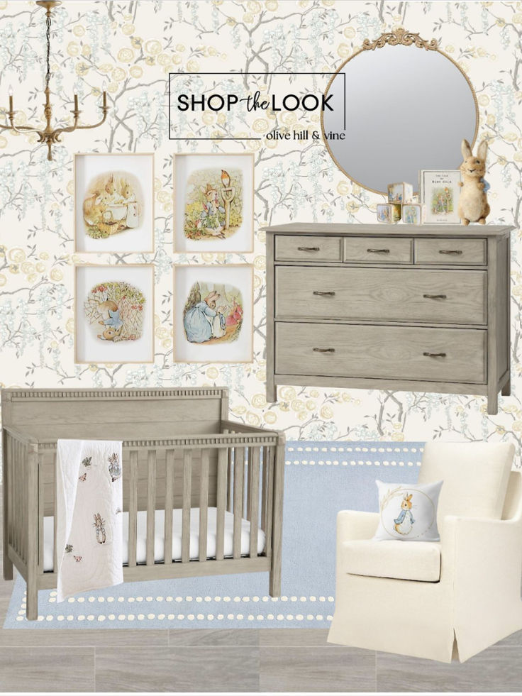 a baby's nursery room with wallpaper, furniture and pictures on the walls