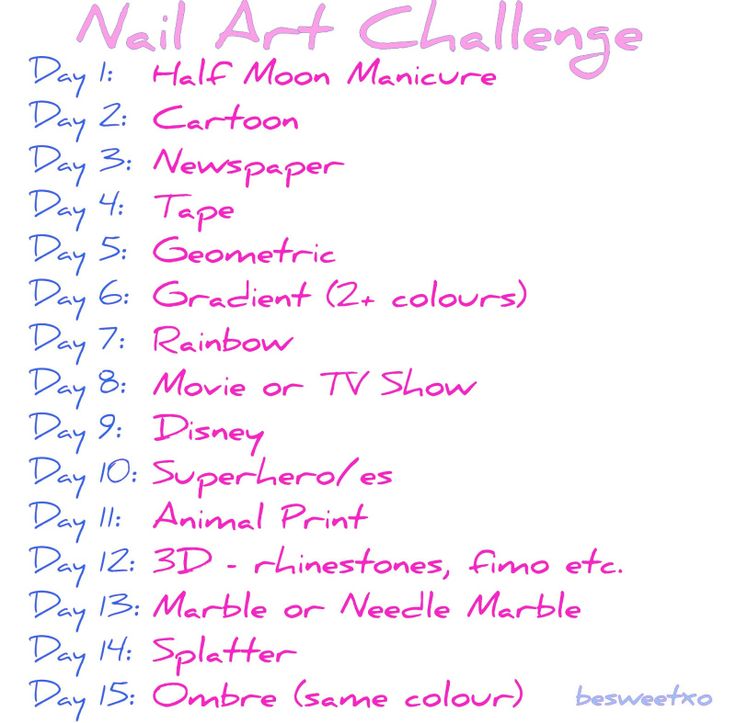 the nail art challenge list is shown in pink and blue with black lettering on it